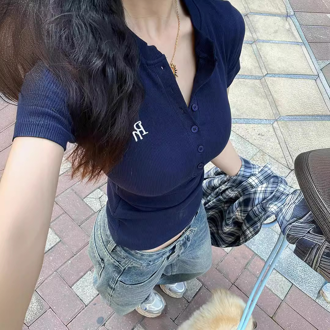 National Fashion Brand Retro navy blue Short-sleeved T-shirt Women's Slim-fit Slimming Socialite Elegant Casual All-match Top