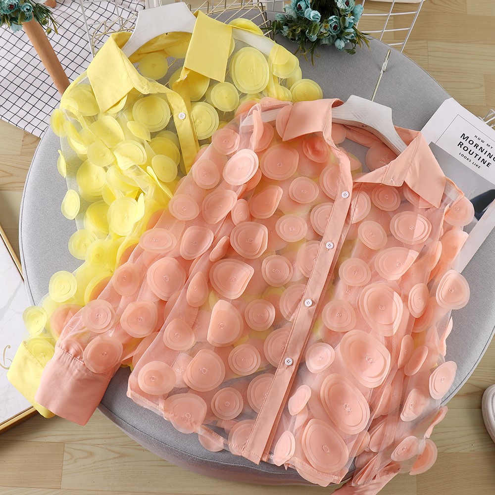 French Court Style Three-dimensional Flower Stage Dress Women's Chiffon Shirt Hollow Lantern Sleeve Western Style Mesh Shirt Women