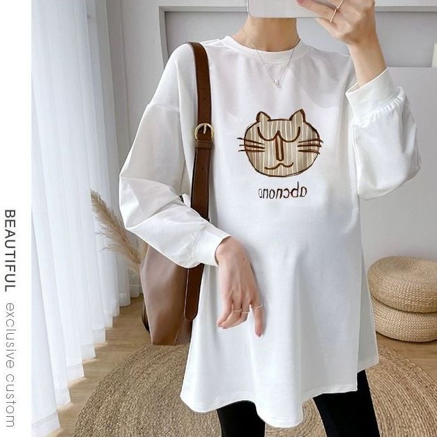 Picture of Trendy pregnant mother autumn cotton long-sleeved T-shirt 2023 plus size loose Korean style white drawstring mid-length bottoming shirt T-shirt