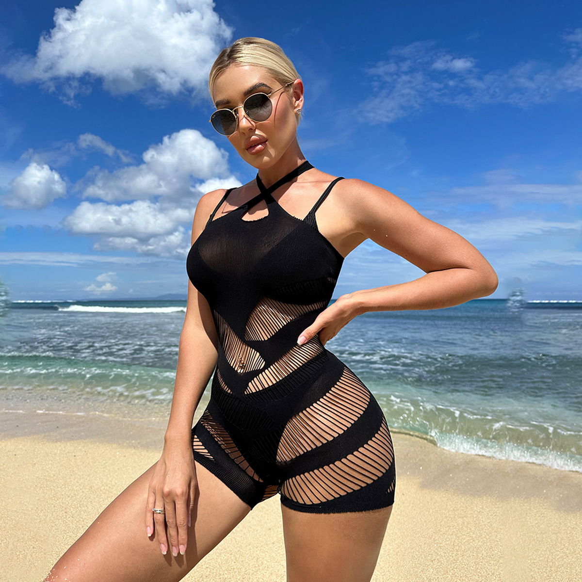 New sexy dress sexy European and American style hip hanging neck hollow net clothing perspective seduction passion tease clothing