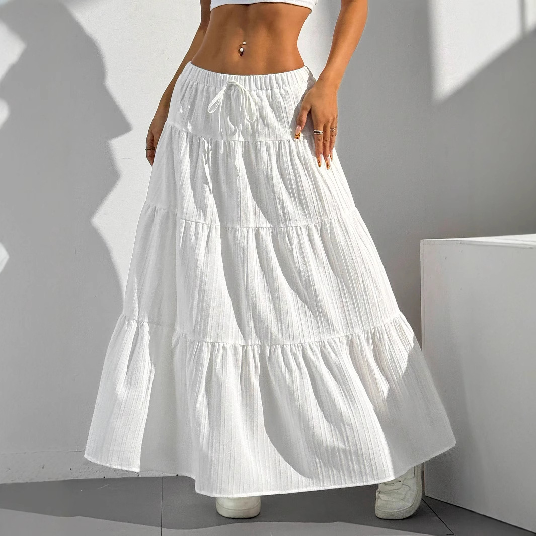 In Stock Amazon Women's 2025 New White Skirt Lace-Up Large Swing Skirt European and American Loose Long Skirt for Women