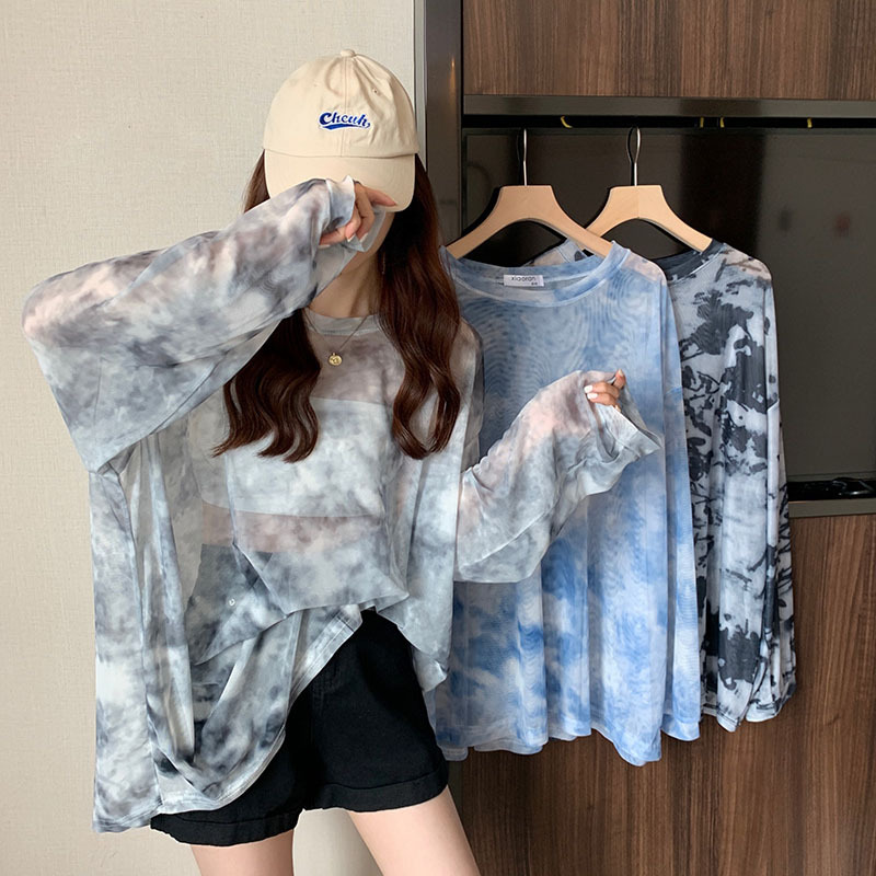Tie-Dye Mesh Sun Protection Top for Women Summer Loose Ice Silk Thin See-Through Long-Sleeved T-Shirt Women's Blouse Clothing Supply