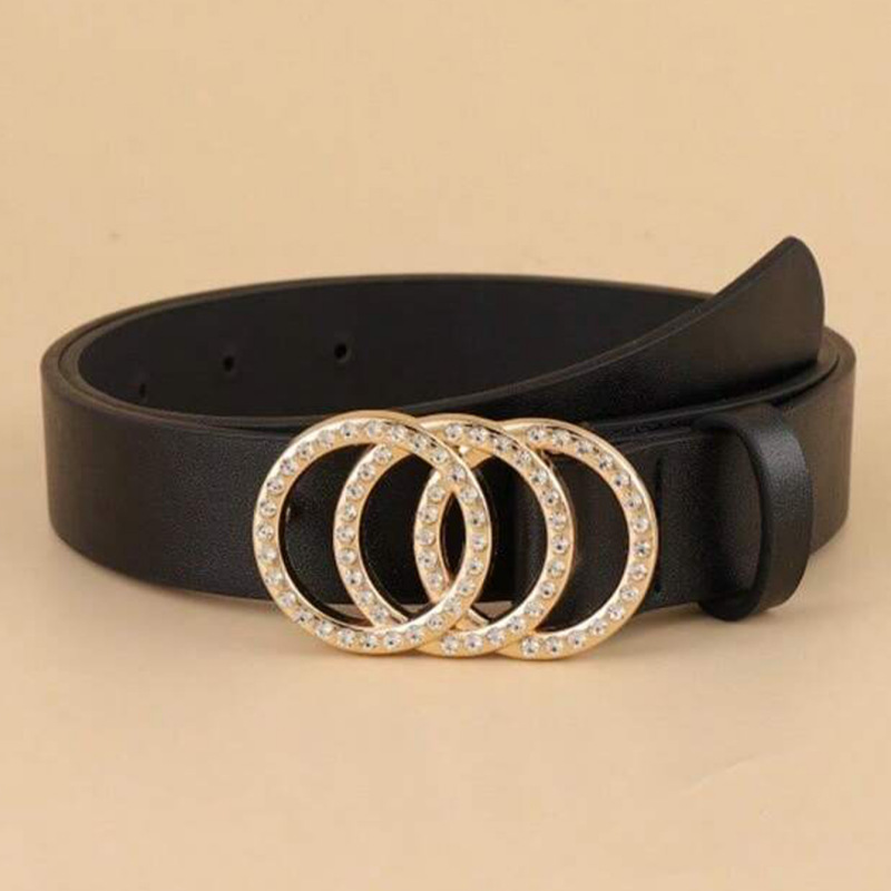 in stock cross-border European and American fashion ladies gold 3-circle diamond alloy buckle head Joker simple geometric belt wholesale