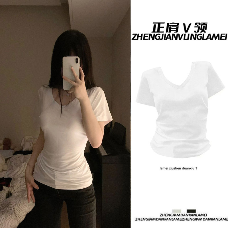 Picture of American Style V-neck Shoulder Pure Black Short-sleeved T-shirt Women's Summer New Slim-fit Spice Girls Niche Slimming All-match Top