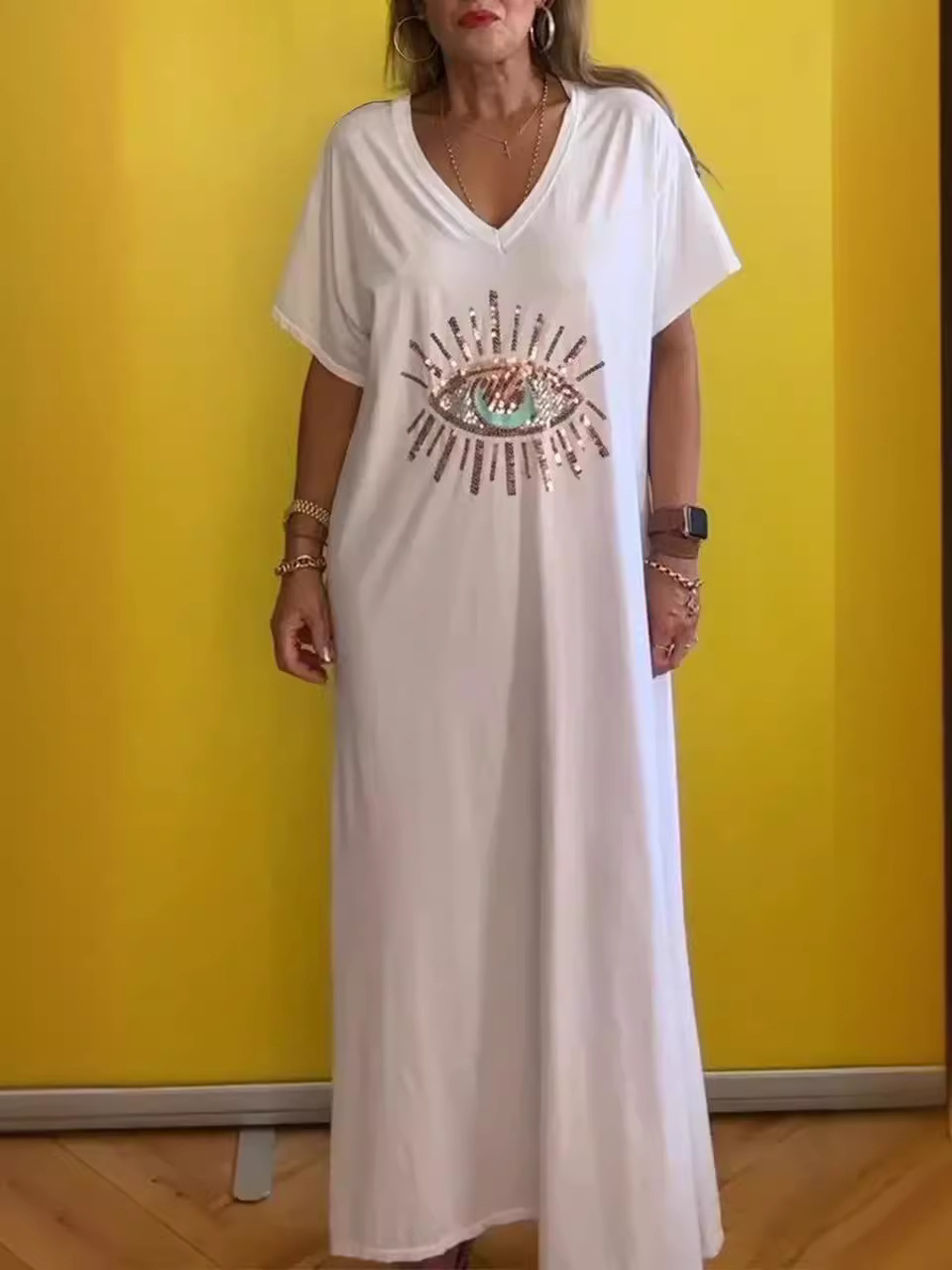 Amazon Independent Site 2024 European and American Evil Eye Sequin Embroidery Loose Plus-Size Maxi Dress European and American Hot Item