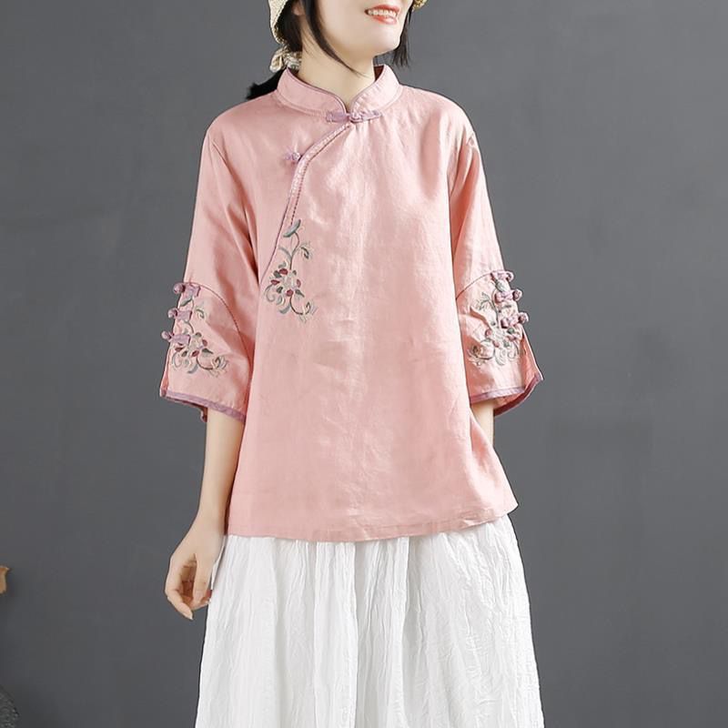 Picture of 2025 New Chinese Style Retro Cotton and Linen Shirt for Women Spring and Summer Chinese Style Stand-Up Collar Button-Up Top with Slanted Placket Embroidered Tea Suit