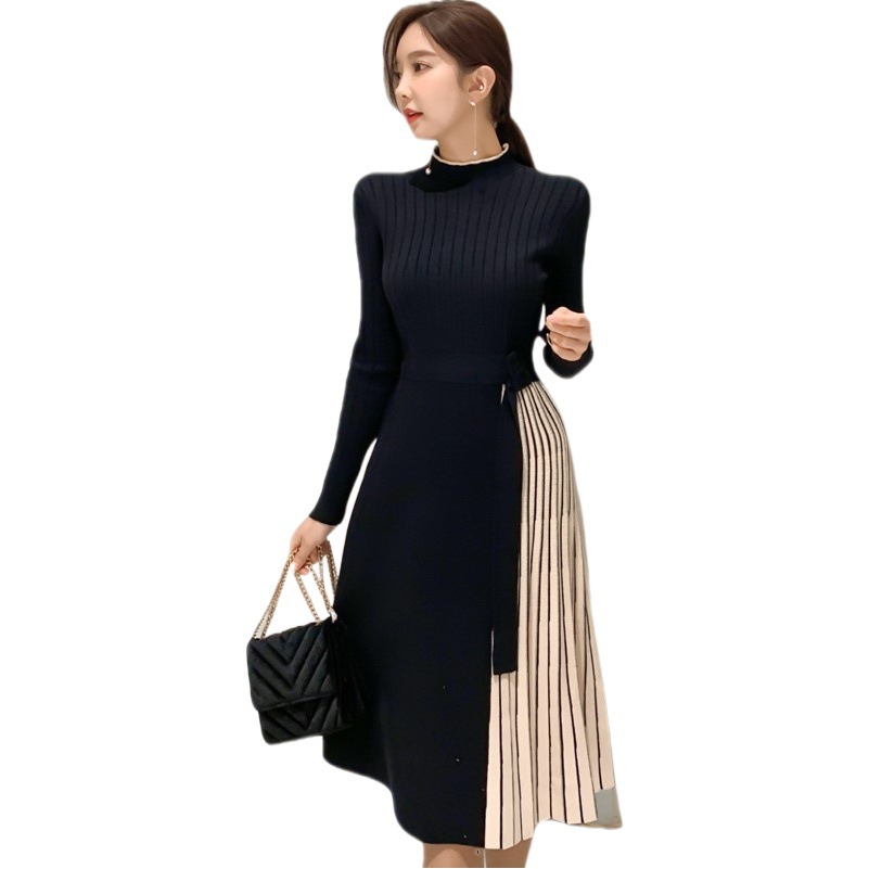 Cross-Border 2025 New Korean Style Elegant Lace-Up Waist Mid-Length Knitted Skirt Sweater Dress