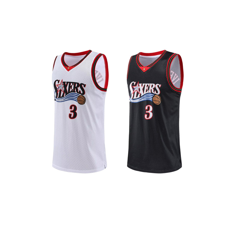 Embroidered basketball suit Iverson mesh vest S to 3XL black and white jersey sweat absorbent breathable