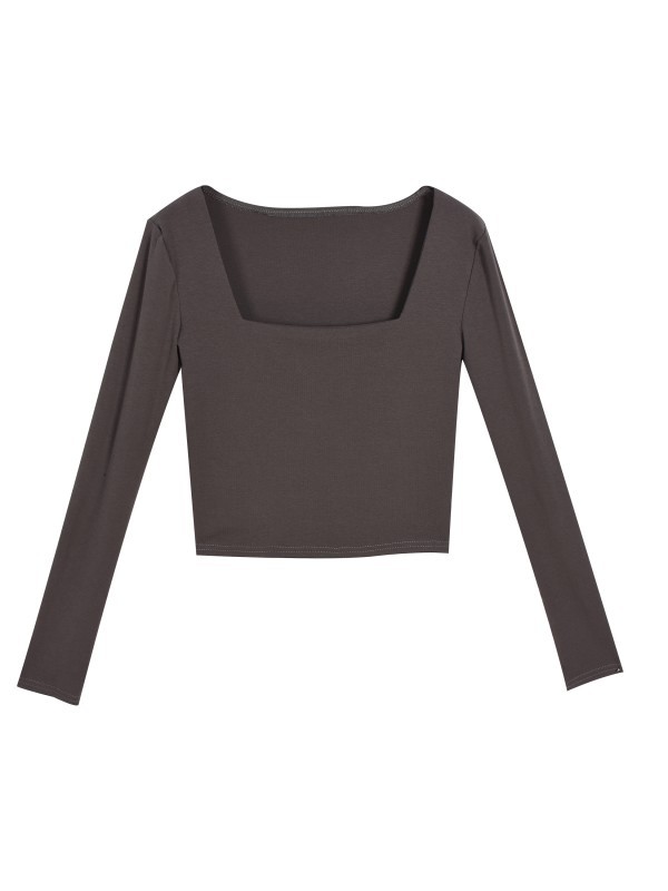 Picture of Square Collar Pure Color T-Shirt for Women 2025 Spring & Fall Long-Sleeved Pure Color Short T-Shirt for Women Slim Fit with Square Collar Top Export