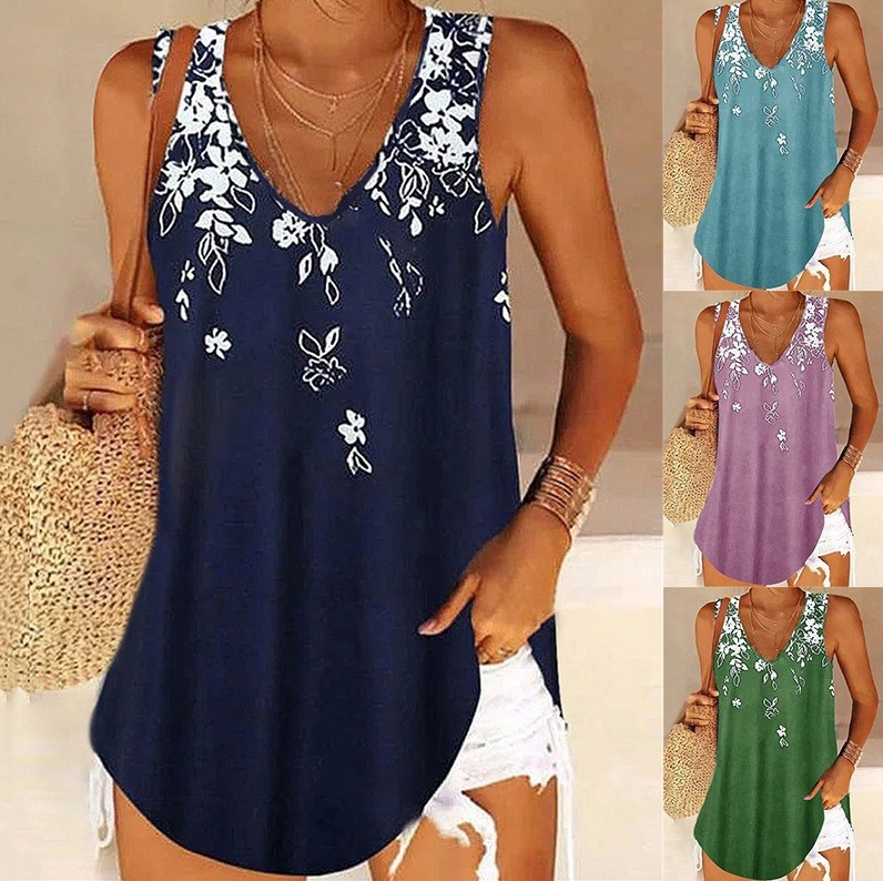 2023 Cross-Border European and American Clothing Amazon Temu Summer New Loose V Neck Pullover Sleeveless Printed Vest Top