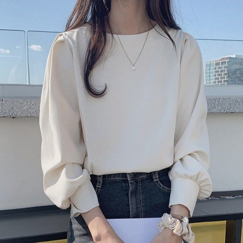 Spring Thin Solid Color Base Shirt Korean Style Student Couple Dress Lantern Sleeve Loose Sweater Long Sleeve T-shirt Women's Fashion