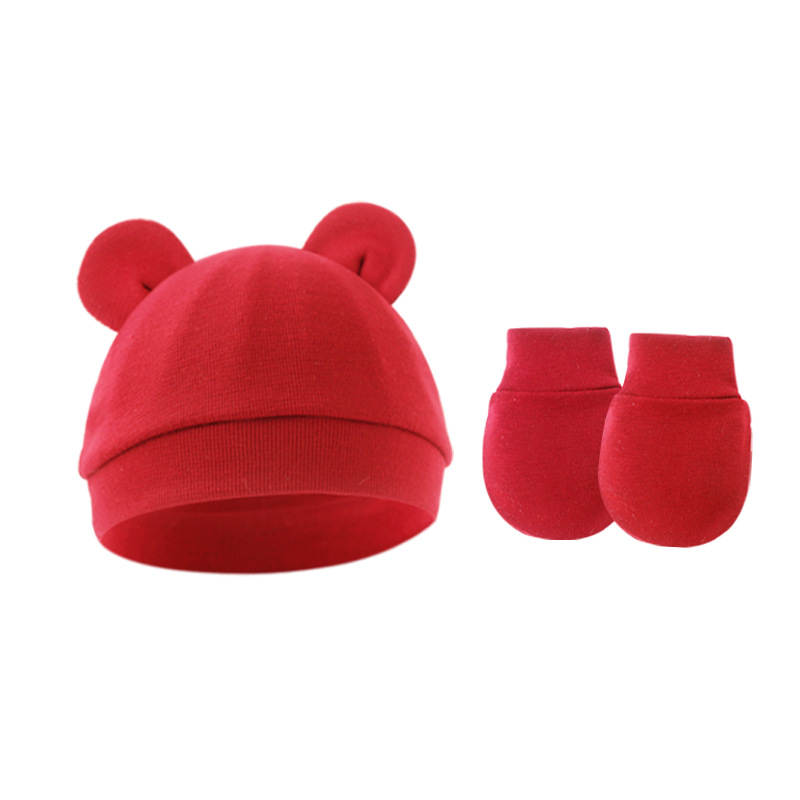 Picture of 2022 Foreign Trade Baby Fetal Hat Baby Pullover Cap Single Layer Bear Ear Hat Anti-scratch Gloves 2 Pieces Set