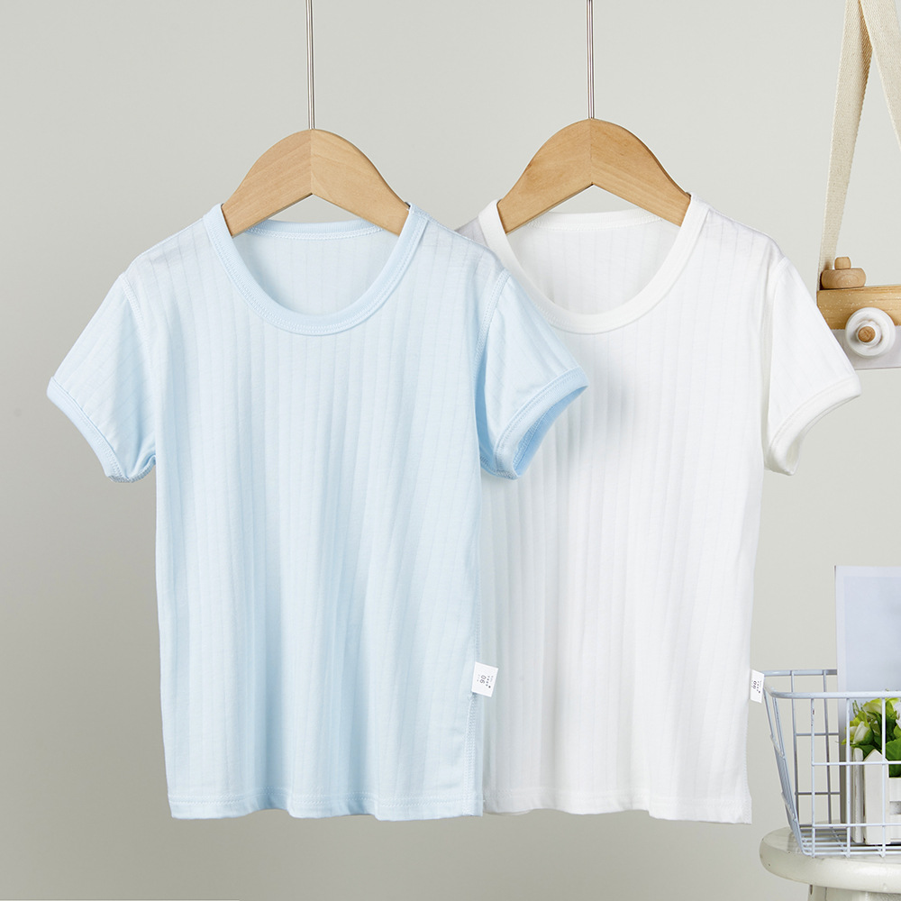 Picture of Summer Kidsren's Cold-Feeling Half-Sleeved T-Shirt Thin Breathable Short-Sleeved Baby Boy and Girl Bottoming Shirt 2-Piece Pure Color
