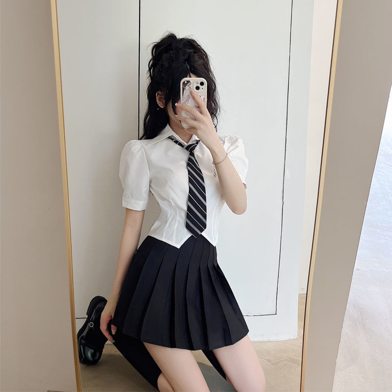 Picture of Summer New Tie Set Women's College Style Bubble Short-sleeved Top Slim Waist Shirt Women's Hot Short Shirt