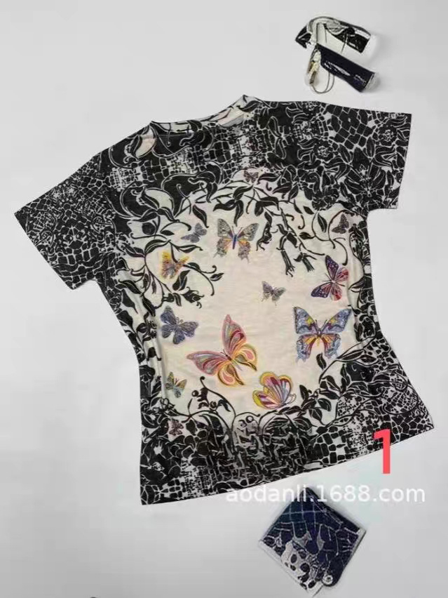 Summer cross-border foreign trade women's fashion trend full-body printed baby cotton color pattern elegant slim round neck short