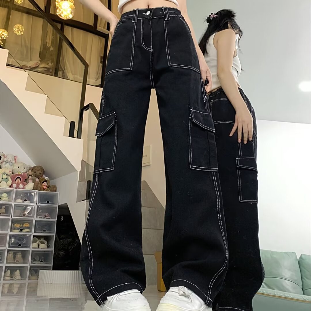 American Style Tooling Jeans Girls 2024 Summer New High Waist Slimming Loose Casual Straight Leg Wide Leg Pants
