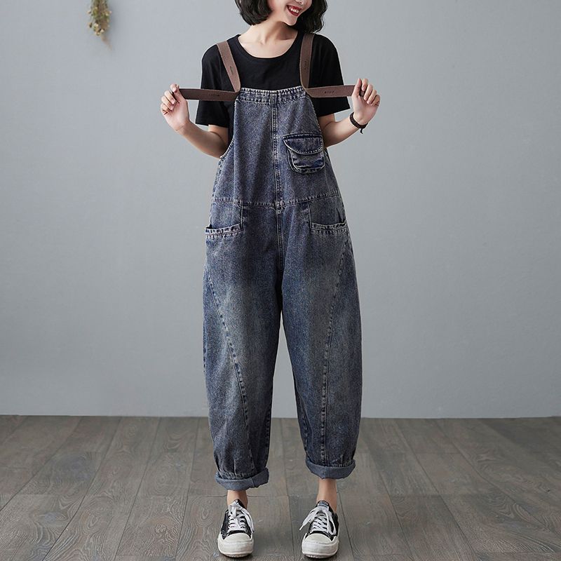 Picture of Hong Kong-style New Fashionable Age-reducing Denim Suspender Pants Women's Spring and Autumn Loose Korean-style Outer Wear Sling Pants Slim-fit Pants