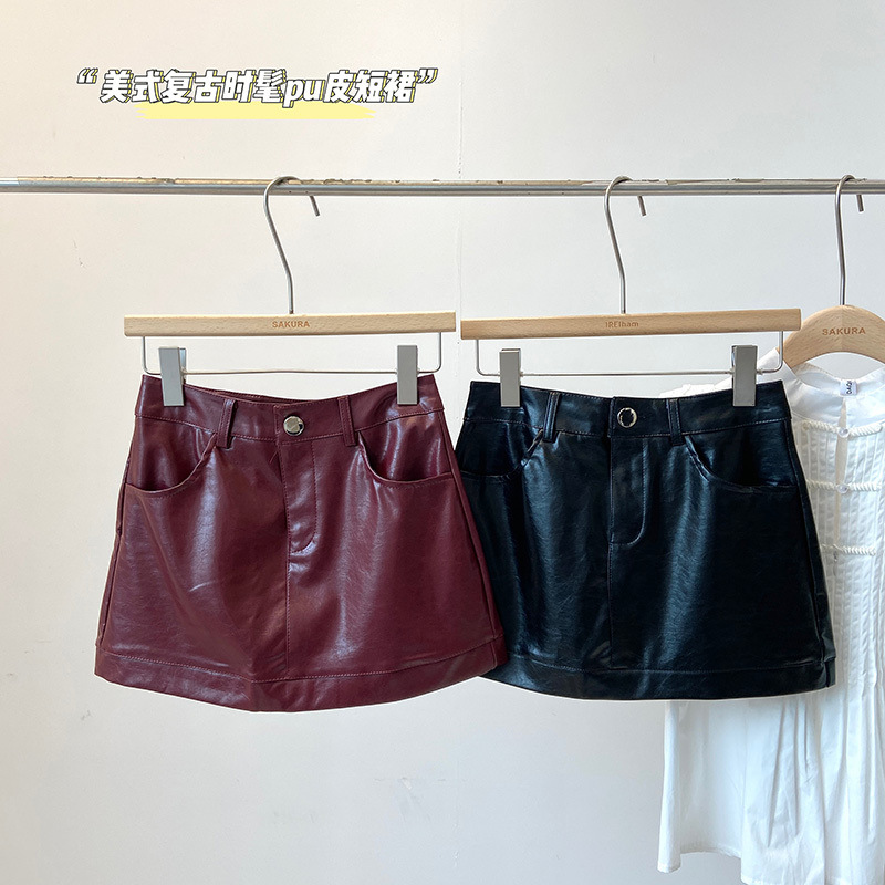 wine red High Waist PU Leather A- line Skirt Women's Autumn New All-match Slim-fit Hip Skirt Skirt Anti-glare Short Skirt