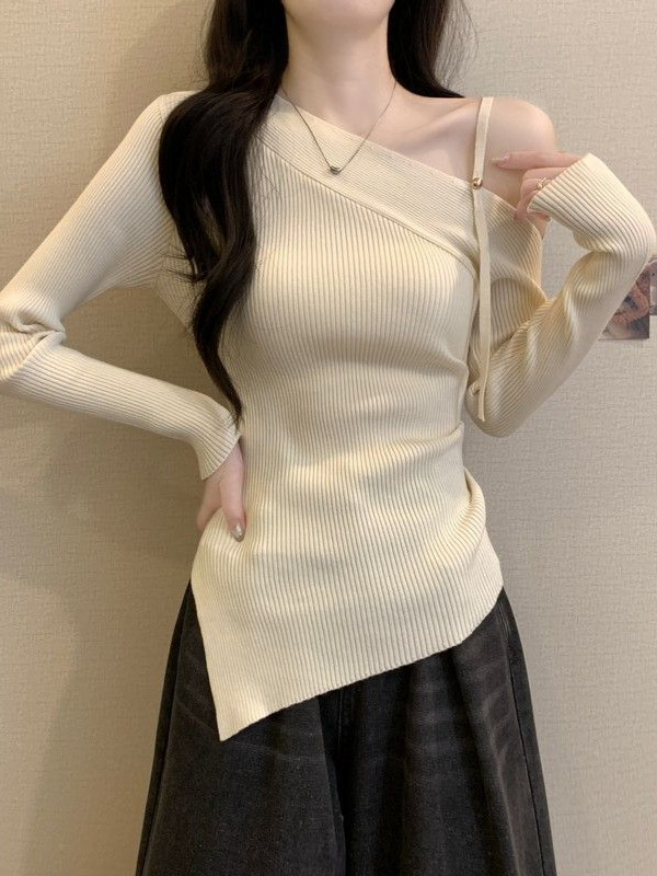 Picture of Bashi red one-line slanted shoulder knitted base jacket women's autumn outfit autumn and winter Angora red boss sweater with top underneath
