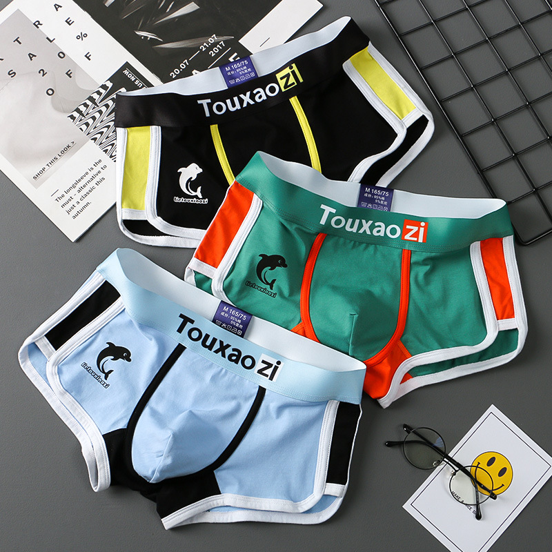 New Men's Underwear Boxer Cotton Boxer Briefs Japanese Style Splicing Literary Slim Fit Breathable Crotch Youth Low Waist Pants