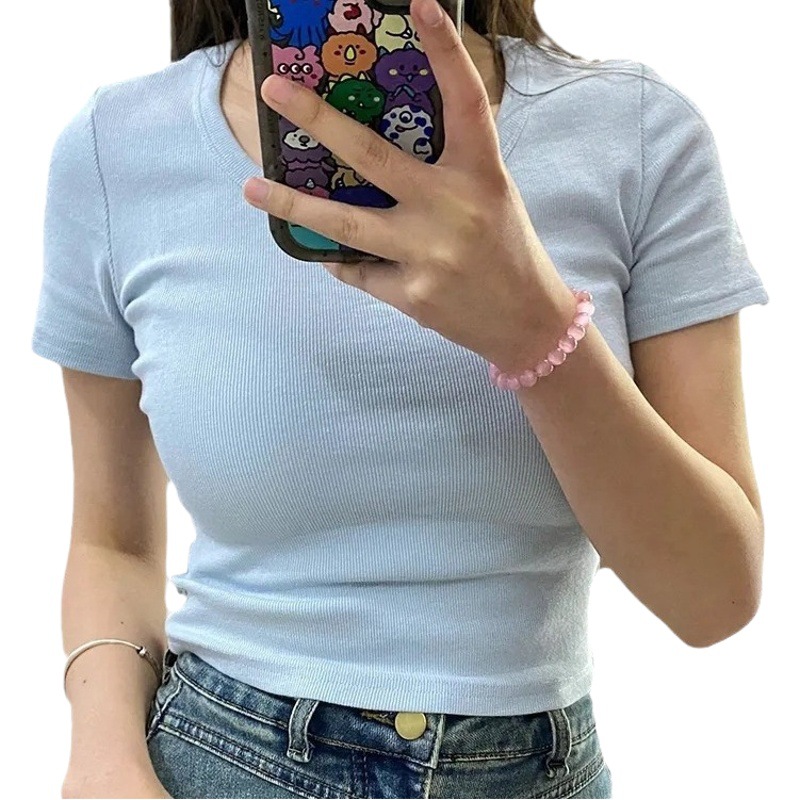 Korean sweet sister!!! [Basic Shoulder] Short-sleeved T-shirt Women's INS Korean U-neck Simple Wind Short Top Clothes