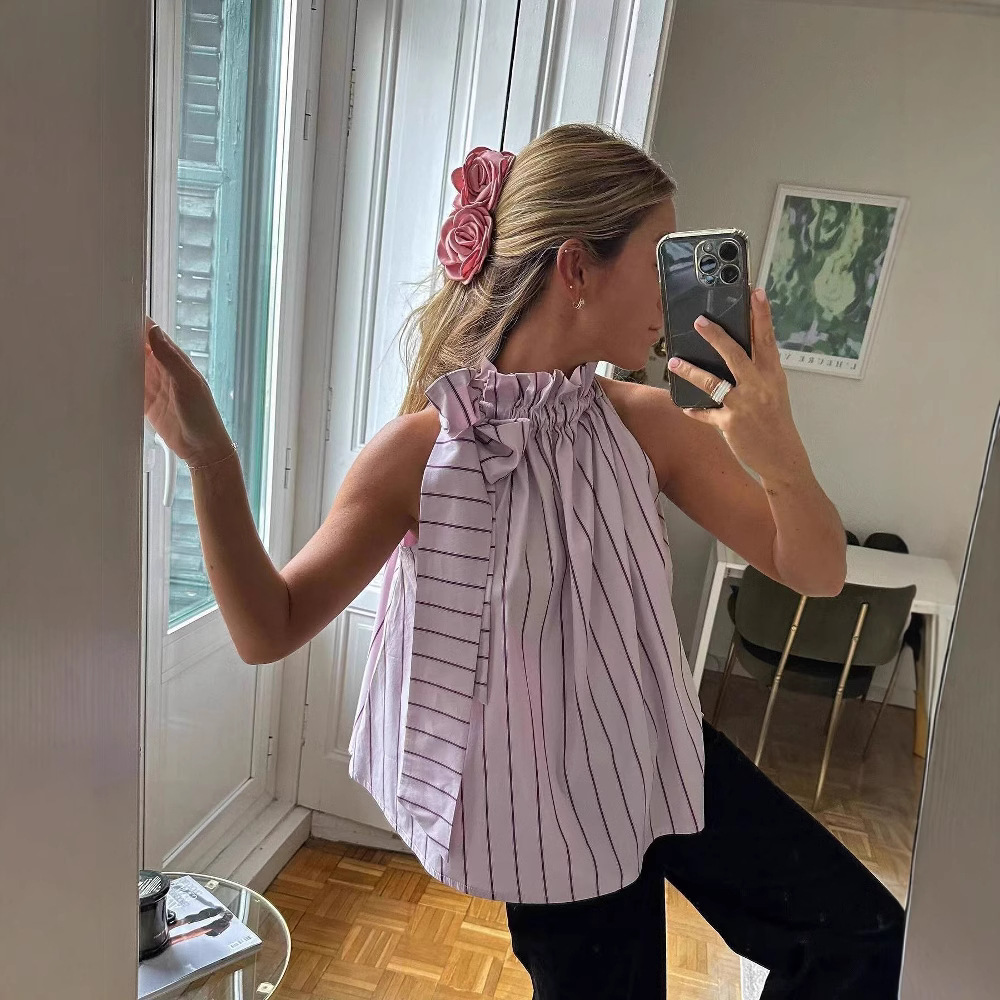 2024 European and American Foreign Trade New Lotus Leaf Collar Women's Shirt Pullover Girl's Female Niche Stripe