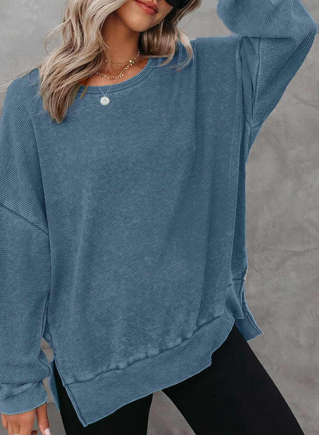 Picture of 2025 European and American Cross-Border Women's Clothing Amazon Autum New Round Neck Long-Sleeved Side Slit Waffle Sweatshirt T-Shirt for Women