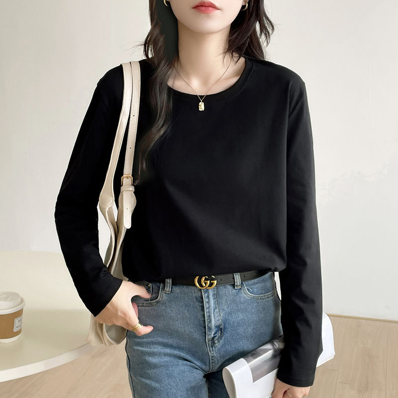 2025 Thin Black Slimming Long-Sleeve T-Shirt for Women, Autumn New Versatile Korean Style Hot Girl Outfit Base Layer Tops for Women