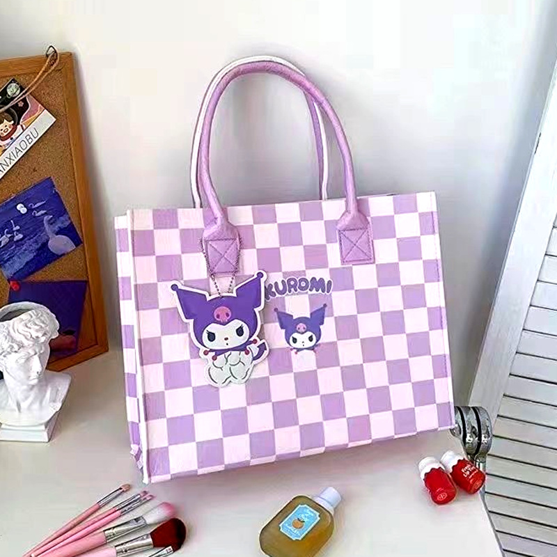 Cartoon plaid tote bag tote bag large capacity shopping bag cute lunch box bag manufacturer direct supply Kuromi