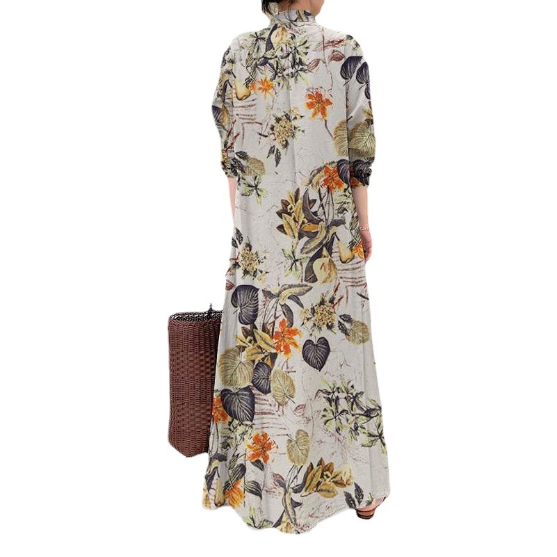 2025 New Shirt Dress Long Sleeve Cotton and Linen Printed Japanese Lasel Simple Loose Casual Long Shirt dress