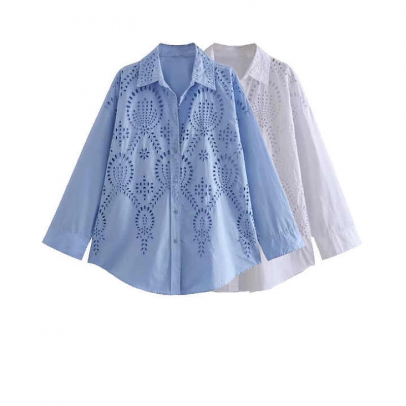 Foreign Trade 2023 Summer New Women's European and American-style Lel Hollow Embroidery Long-sleeved Single-breasted Loose Shirt Top