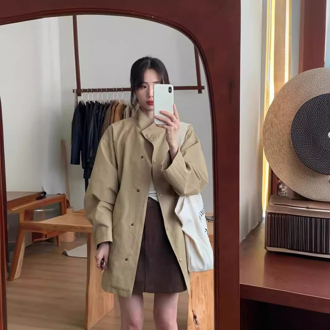 Picture of South Korea minimax style early autumn new coat stand collar loose casual jacket retro lazy long trench coat women,