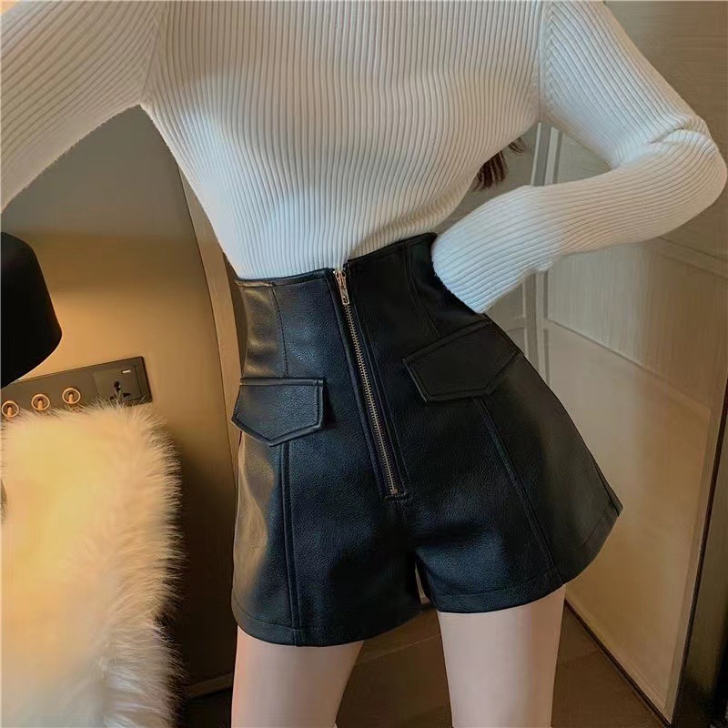 PU Leather Shorts Women's Autumn and Winter Outer Wear High Waist Slimming Boots Pants Fashionable Elegant All-match Leather Pants Zipper A- line Wide Leg Pants