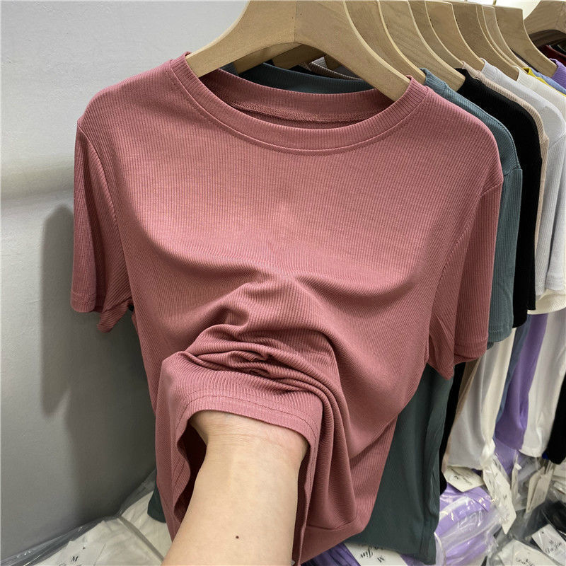 Picture of [Multi-color optional] high-grade solid color mask T-shirt women's short sleeve summer new slim slim base shirt top