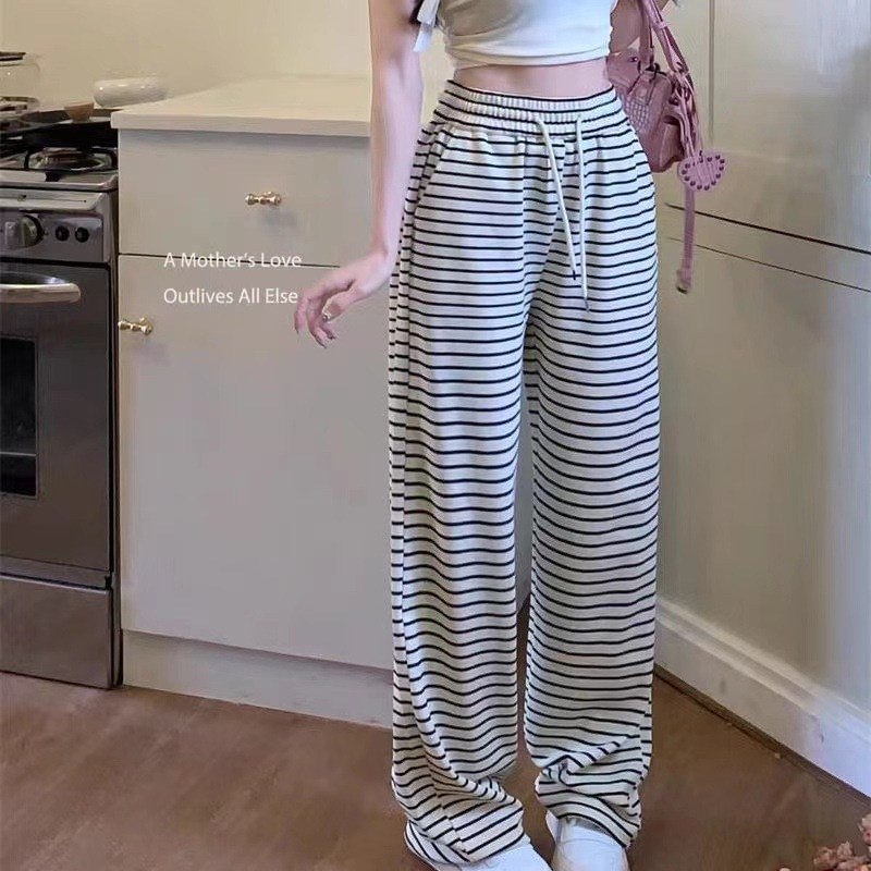 Black and White Striped Pants Women's Summer Thin High Waist Dagging Loose Slimming Small Walking Casual Wide Leg Pants for Women