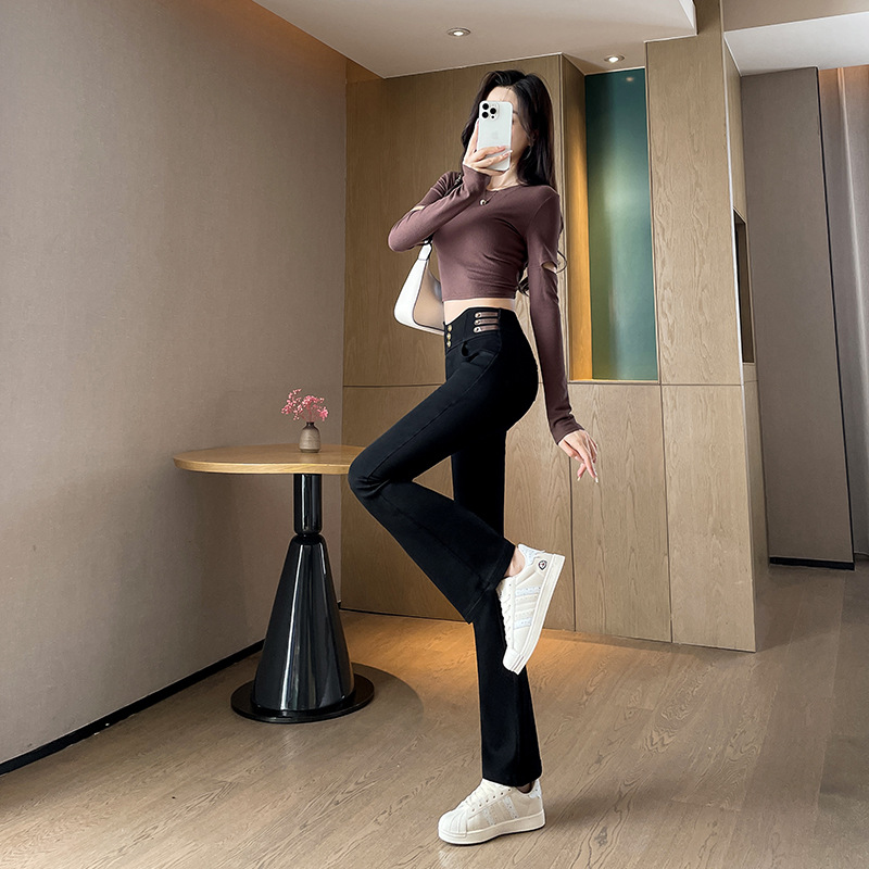 2024 Real Shot Early Autumn New High Waist Elastic Micro Horn Pants High Waist Buckle Decorative Casual Pants Women's Hot Pants Trendy