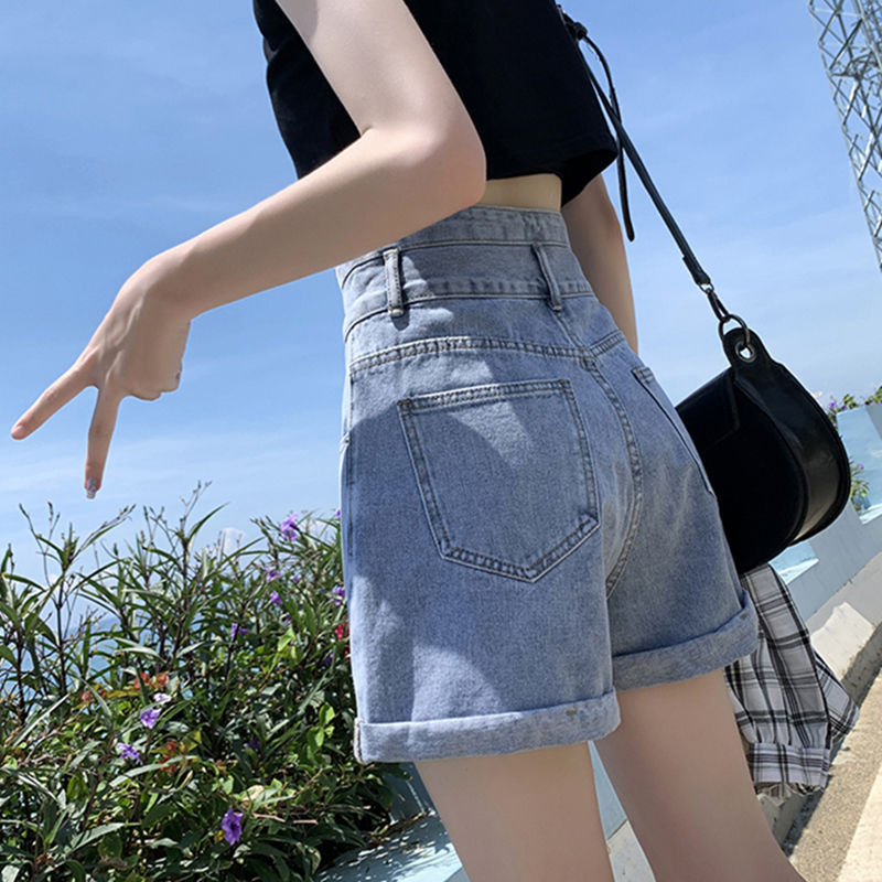 Cotton-Containing New High-Waisted Denim Shorts for Women, Super High-Waisted, Loose, Casual, Slimming Look, Summer Ins Curled A-Line Wide-Leg Pants