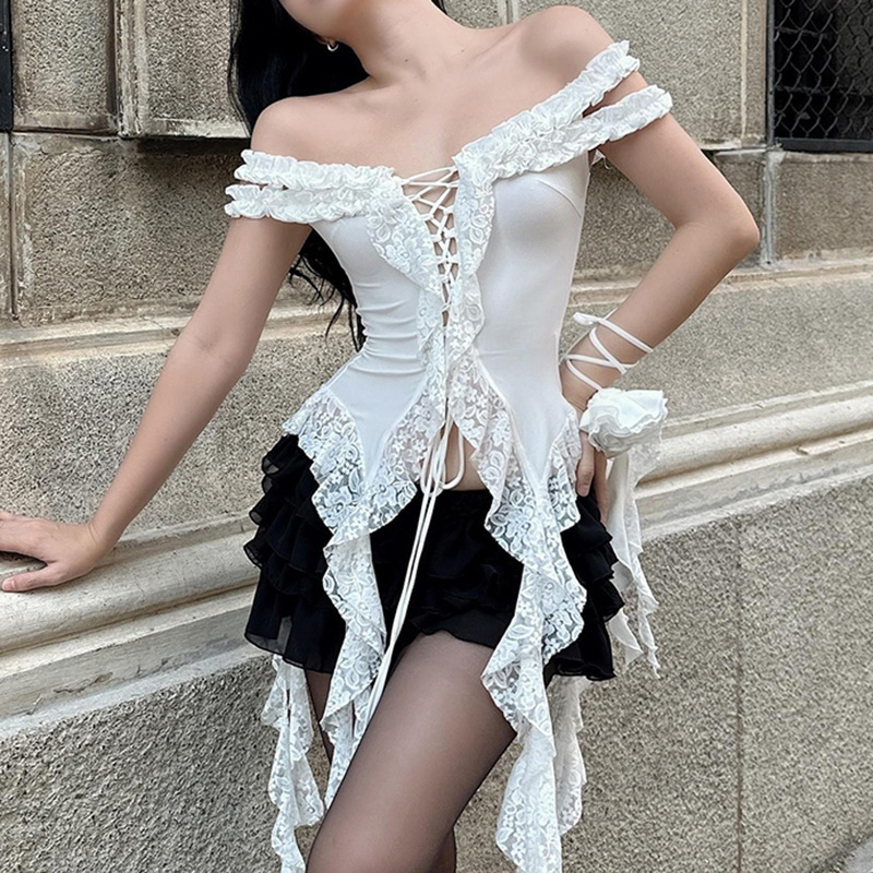 Picture of European and American holiday style lace ruffled ribbon strap slimming tube top cross-border off-neck slim-fit design vest