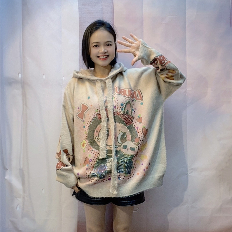 plus size mink velvet sweater women's new heavy-duty rhinestone cute printed hooded thickened loose soft waxy knitted top