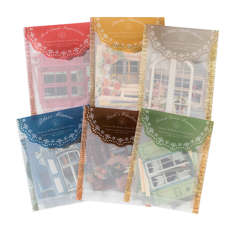 Picture of Momo Retro Cut Out Flower Window Mechanism Collage Card Stickers Dreamland in the Window Series Handbook Material Package 10 Sheets 6 Styles