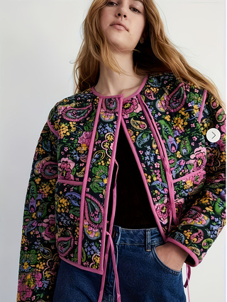 Printed Lace-up cotton-padded jacket European and American Cross-border Purple Lace-up Floral Printed Warm All-match Comfortable Casual Cotton-padded Jacket