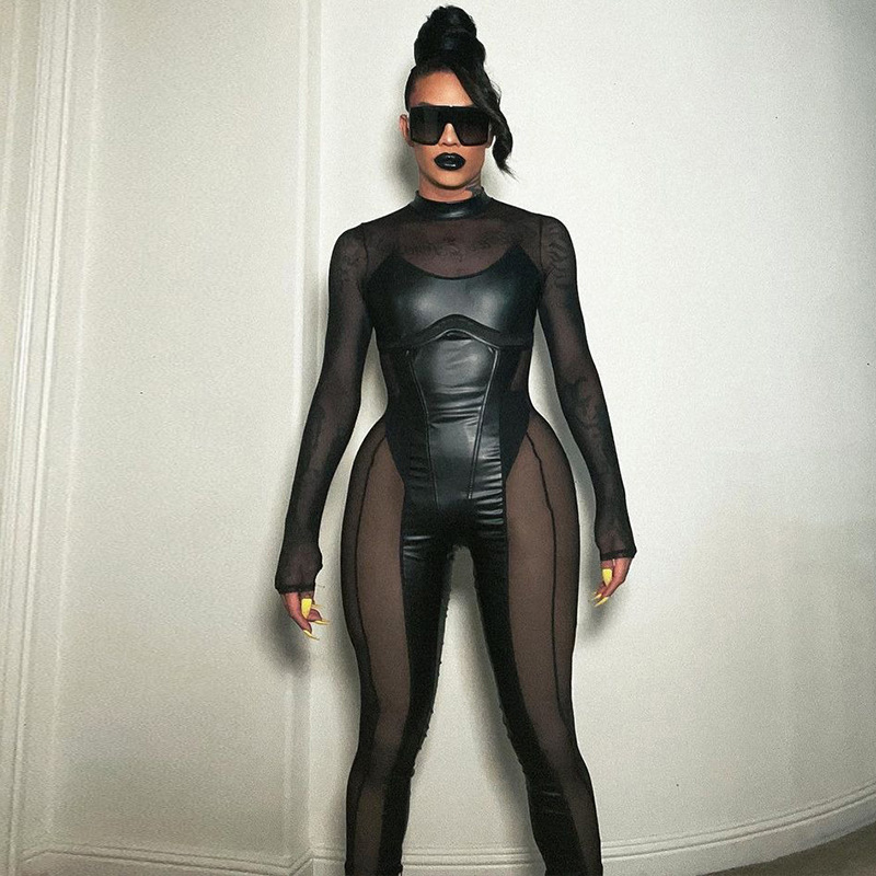 European and American style women's 2024 new autumn fashion stitching mesh round neck back zipper long sleeve jumpsuit wholesale
