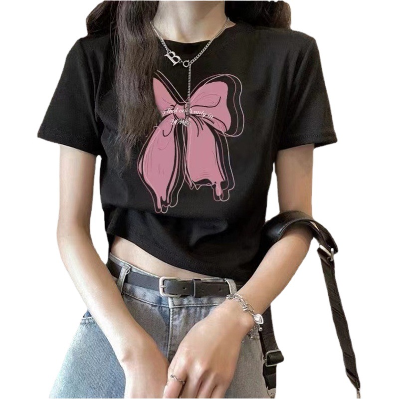 Short T-shirt Women's White Printed Texture Short-sleeved T-shirt Women's 2024 Summer New Fashion Brand Slim-fit Top ins Fashion