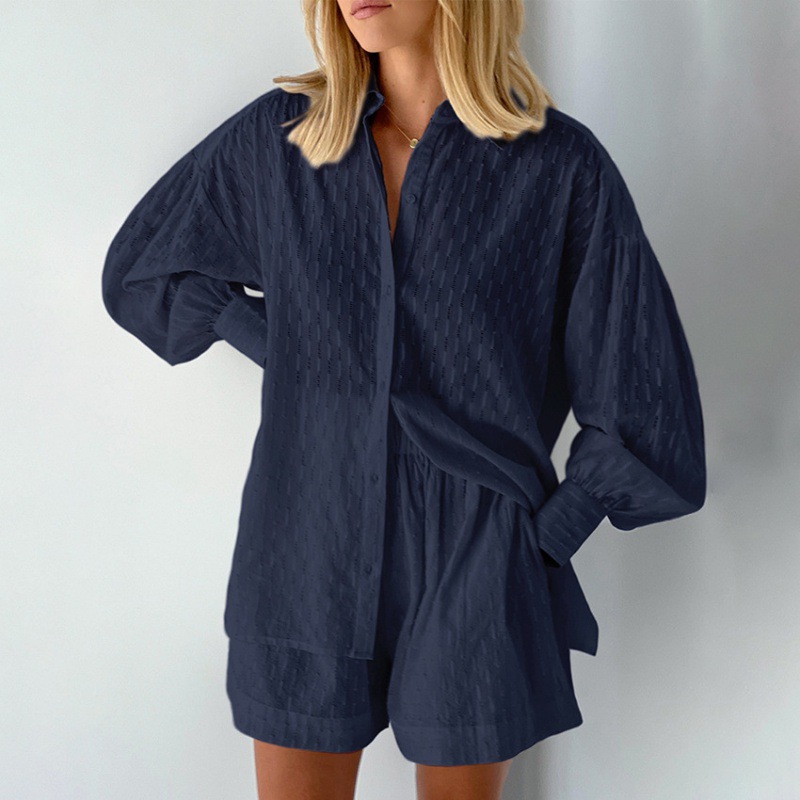 Picture of 2025 Amazon European and American Shirt Jacquard Bubble Sleeve Temperament Top Shorts Commuter Design Leisure suit