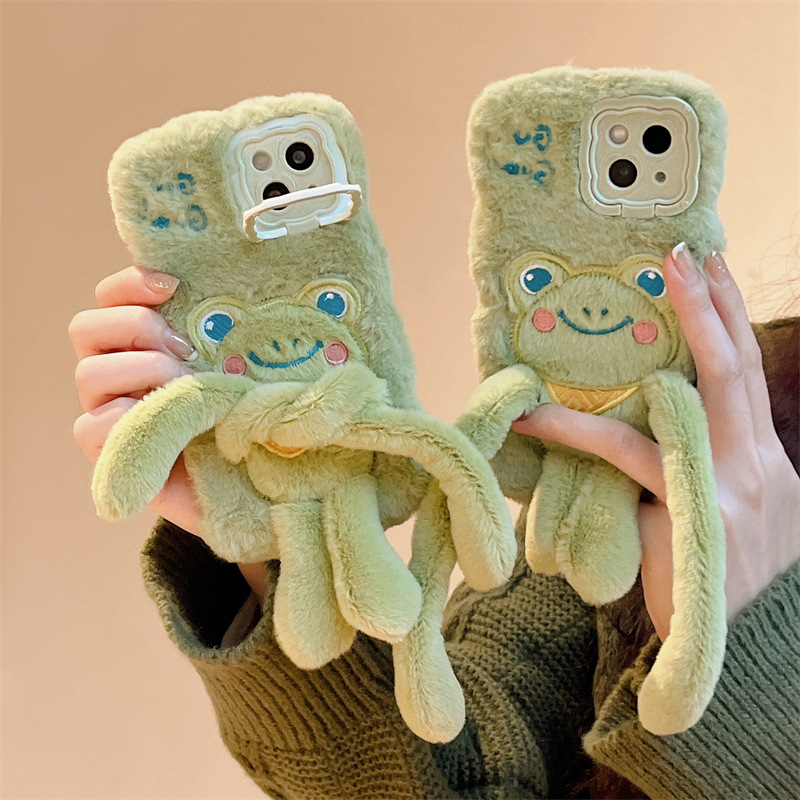 For Apple 14Promax plush mobile phone case 16 cute frog 15 creative pull 13 anti-fall cartoon doll