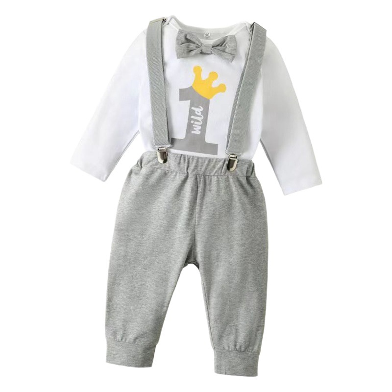 European and American Infant Boy One Letter Suit Bow Tie First Birthday Baby Boy Gentleman Suit Pure Cotton Two-Piece Set