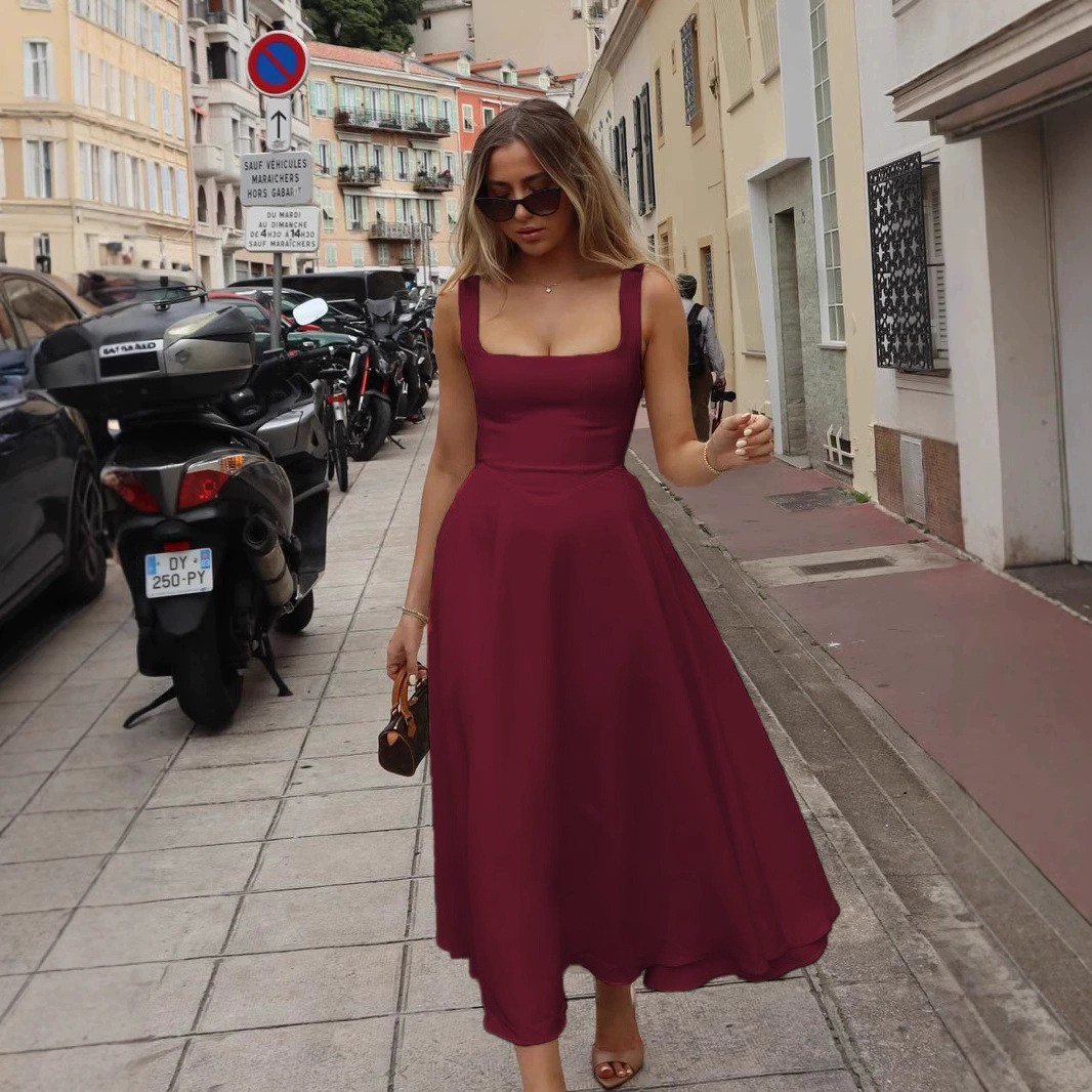 Picture of Foreign Trade Amazon 2025 Summer New European and American Women's Elegant Square Collar Sleeveless Waist Sling dress Women