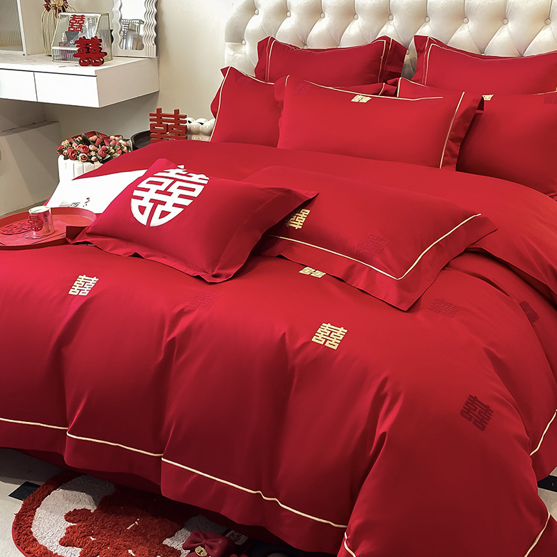 Picture of High-end European-style Wedding Four-piece Cotton Big Red Embroidered Sanding Quilt Cover Wedding Bedding Accompanying Wedding Room