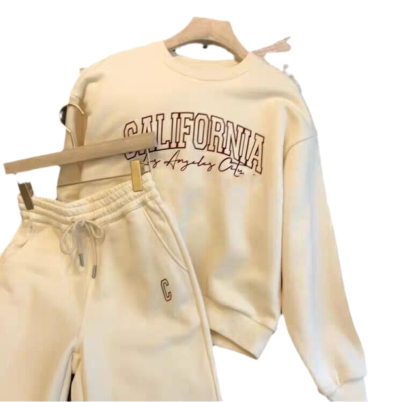 Fleece-lined thickened suit loose printed autumn and winter casual sports long-sleeved sweater trousers two-piece warm women's clothing