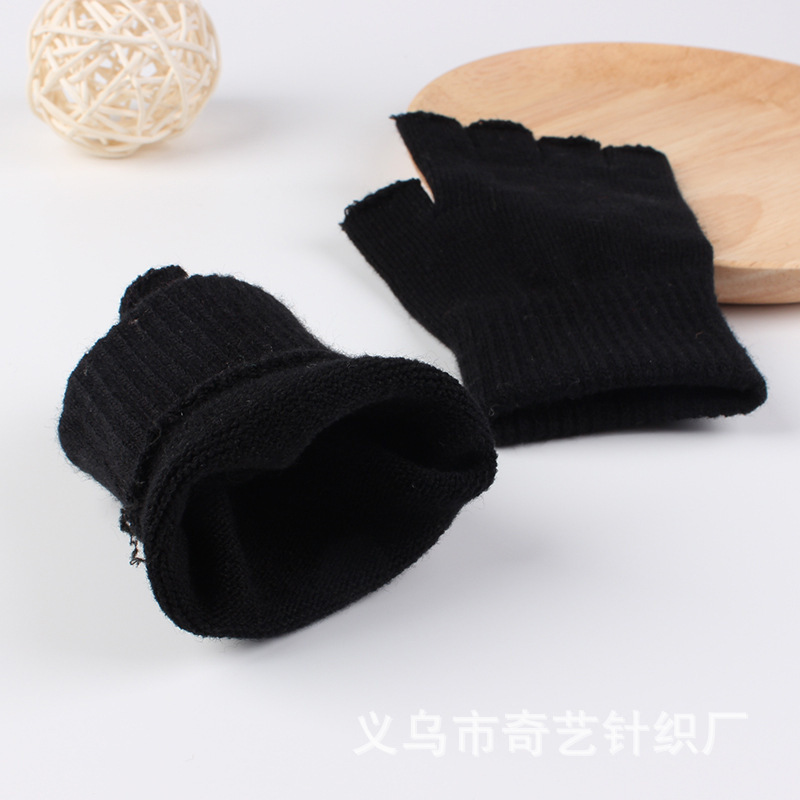 Picture of Black half finger finger elastic stretch acrylic knitted winter gloves for mobile phone